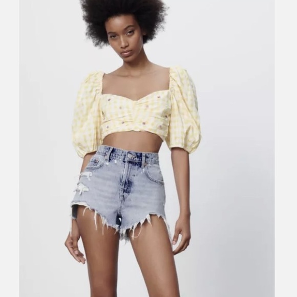 Zara limited edition back open embroidered gingham print crop top - Picture 3 of 6